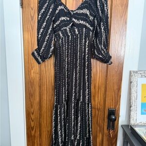 Angie Black Maxi Dress with Cream Stripe Floral Print